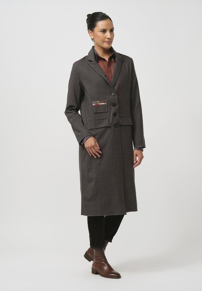 Ümit Ünal Hand-Stitched Patch Pocket Coat in Pinstripe Grey	