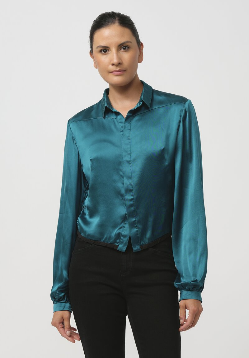 Umit Unal Cropped Silk Shirt in Turquoise Blue	