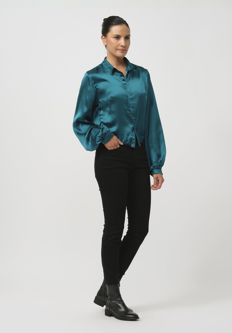 Umit Unal Cropped Silk Shirt in Turquoise Blue	