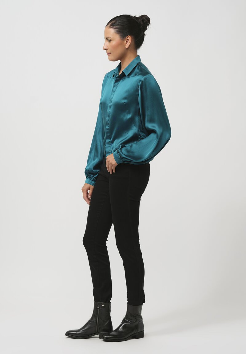 Umit Unal Cropped Silk Shirt in Turquoise Blue	