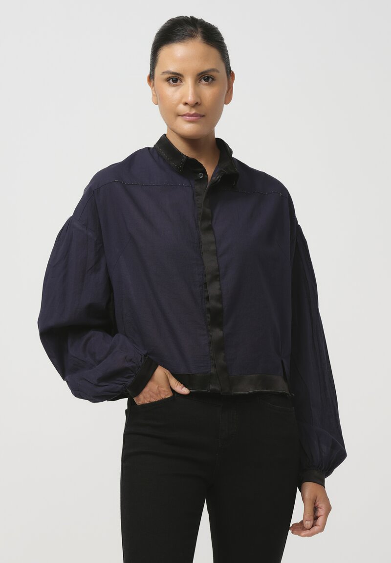 Umit Unal Cropped Silk-Edge Cotton Shirt in Original Blue	