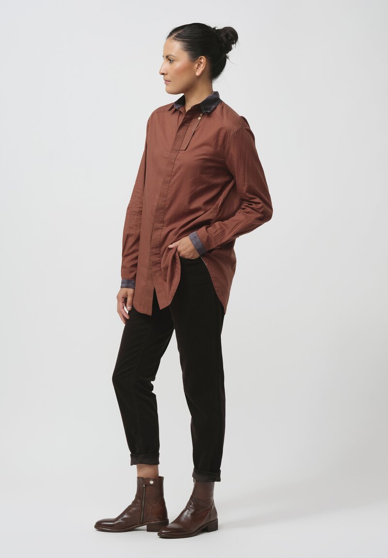 Umit Unal Silk-Collar Cotton Shirt in Rust Brown	