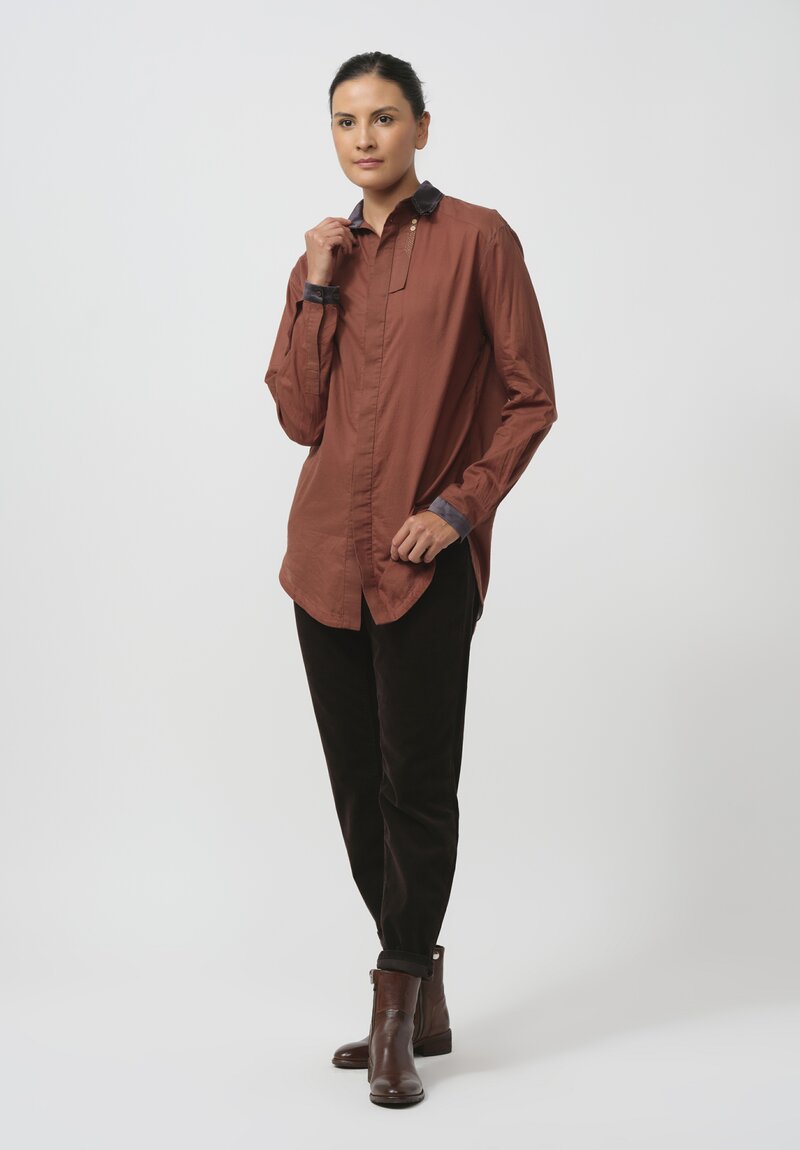 Umit Unal Silk-Collar Cotton Shirt in Rust Brown	