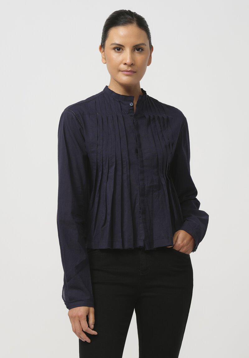 Umit Unal Hand-Stitched Pintuck Cotton Top in Navy Blue