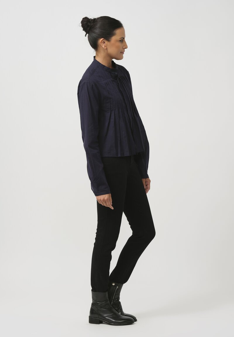 Umit Unal Hand-Stitched Pintuck Cotton Top in Navy Blue