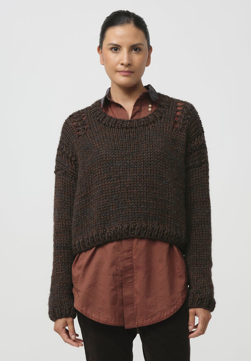 Umit Unal Cropped Hand-Knit Pullover in Original Brown	