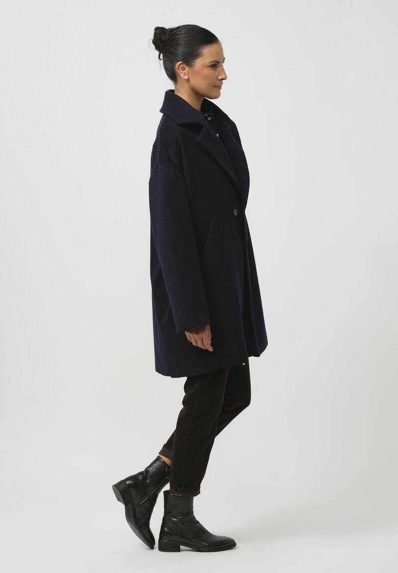 Umit Unal Hand-Stitched Felted Peacoat in Navy Blue	