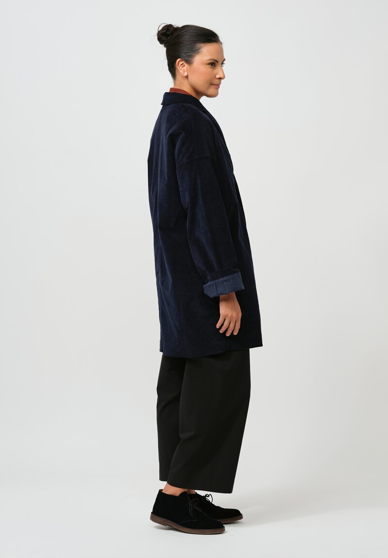 Album di Famiglia Cotton Velvet Long Blazer Coat in Ink Blue	