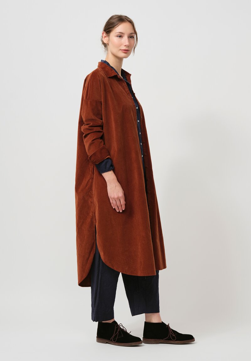 Album di Famiglia Cotton Velvet Long Shirt Dress in Rust Brown	