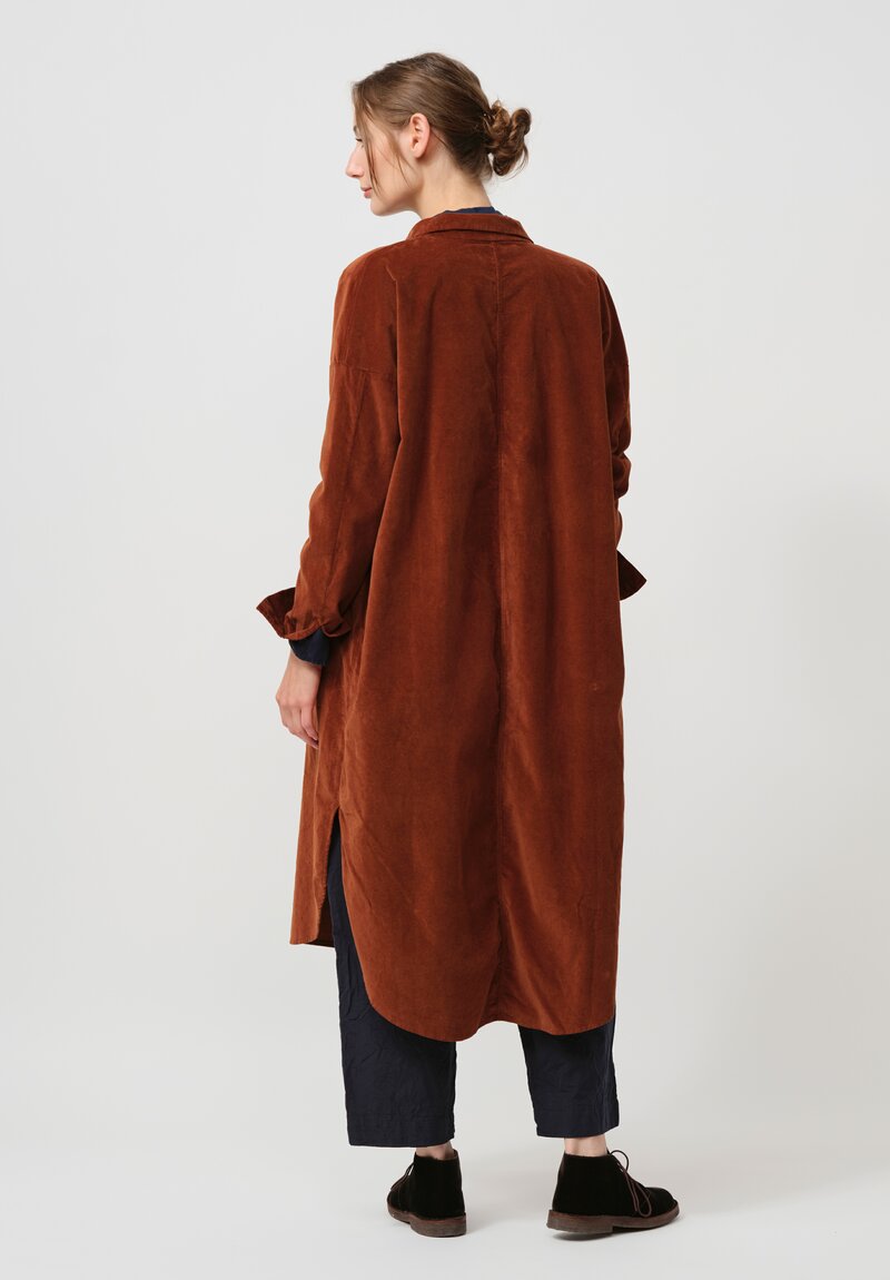 Album di Famiglia Cotton Velvet Long Shirt Dress in Rust Brown	