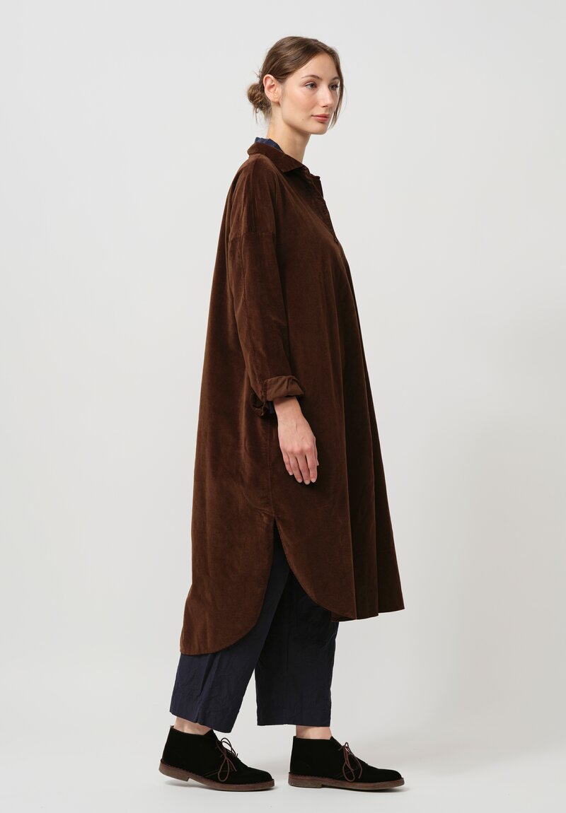 Album di Famiglia Cotton Velvet Long Shirt Dress in Coffee Brown	