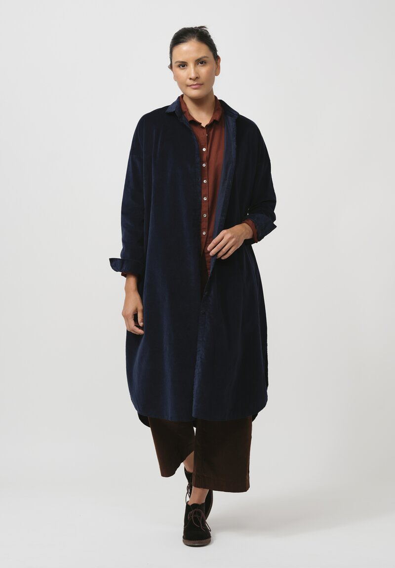 Album di Famiglia Cotton Velvet Long Shirt Dress in Ink Blue	