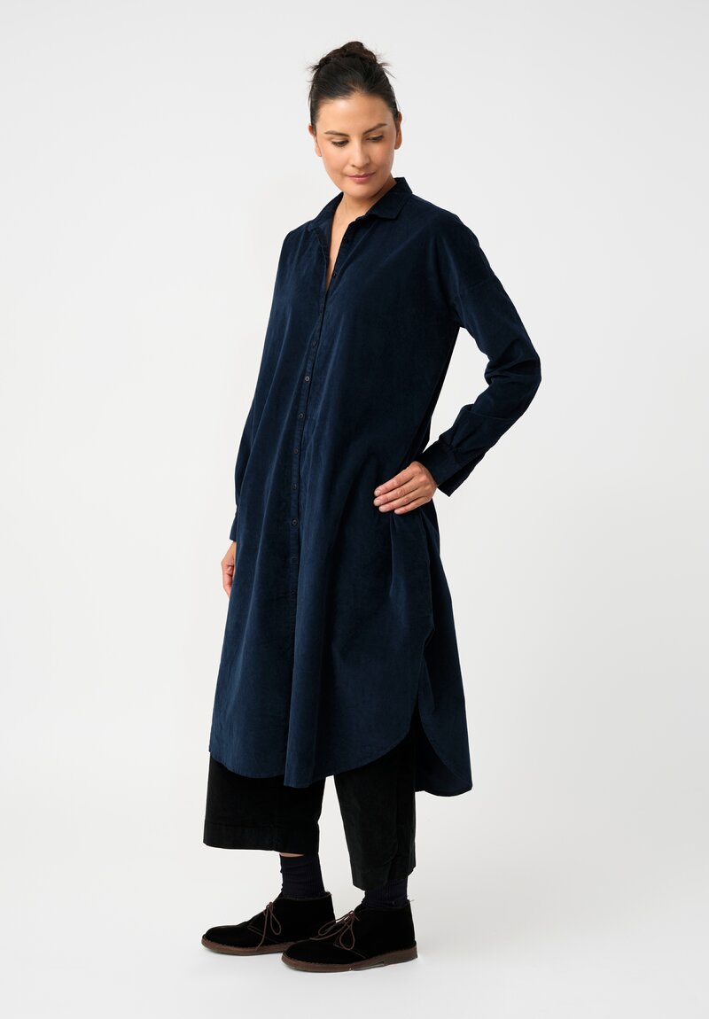 Album di Famiglia Cotton Velvet Long Shirt Dress in Ink Blue