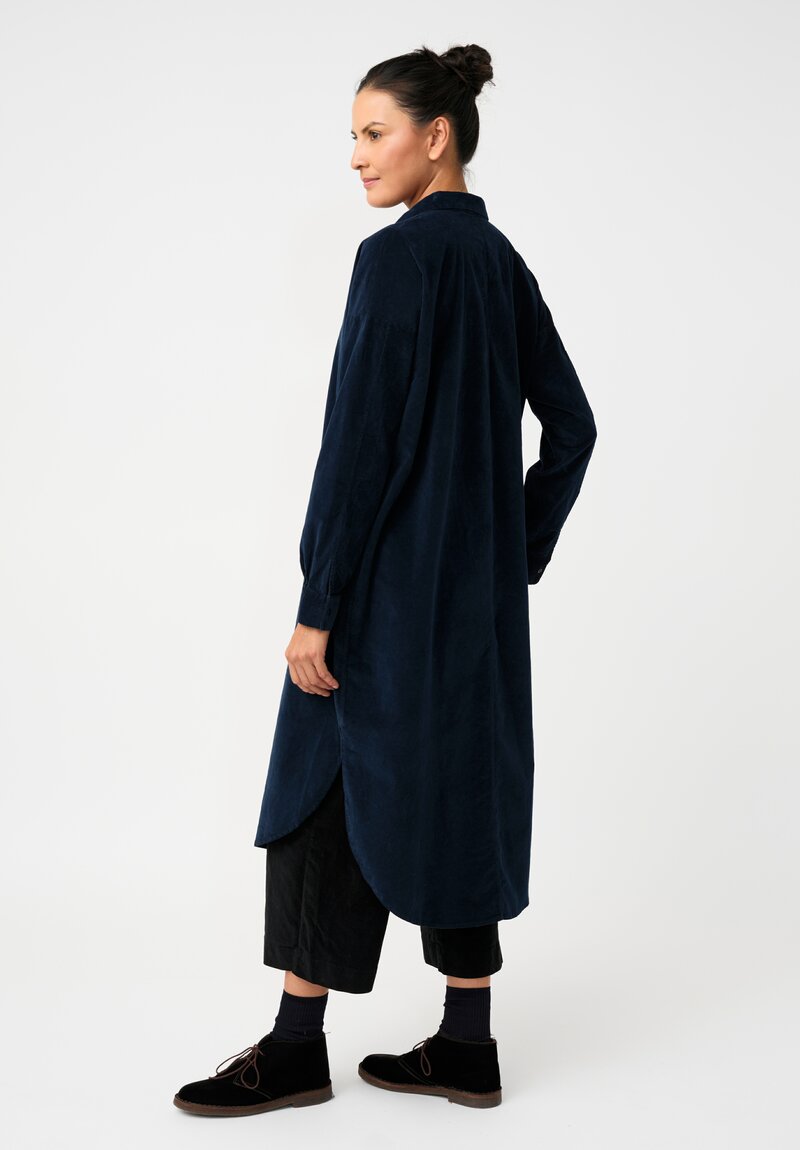 Album di Famiglia Cotton Velvet Long Shirt Dress in Ink Blue