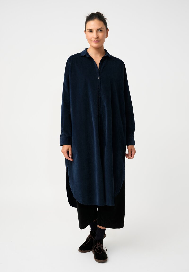 Album di Famiglia Cotton Velvet Long Shirt Dress in Ink Blue