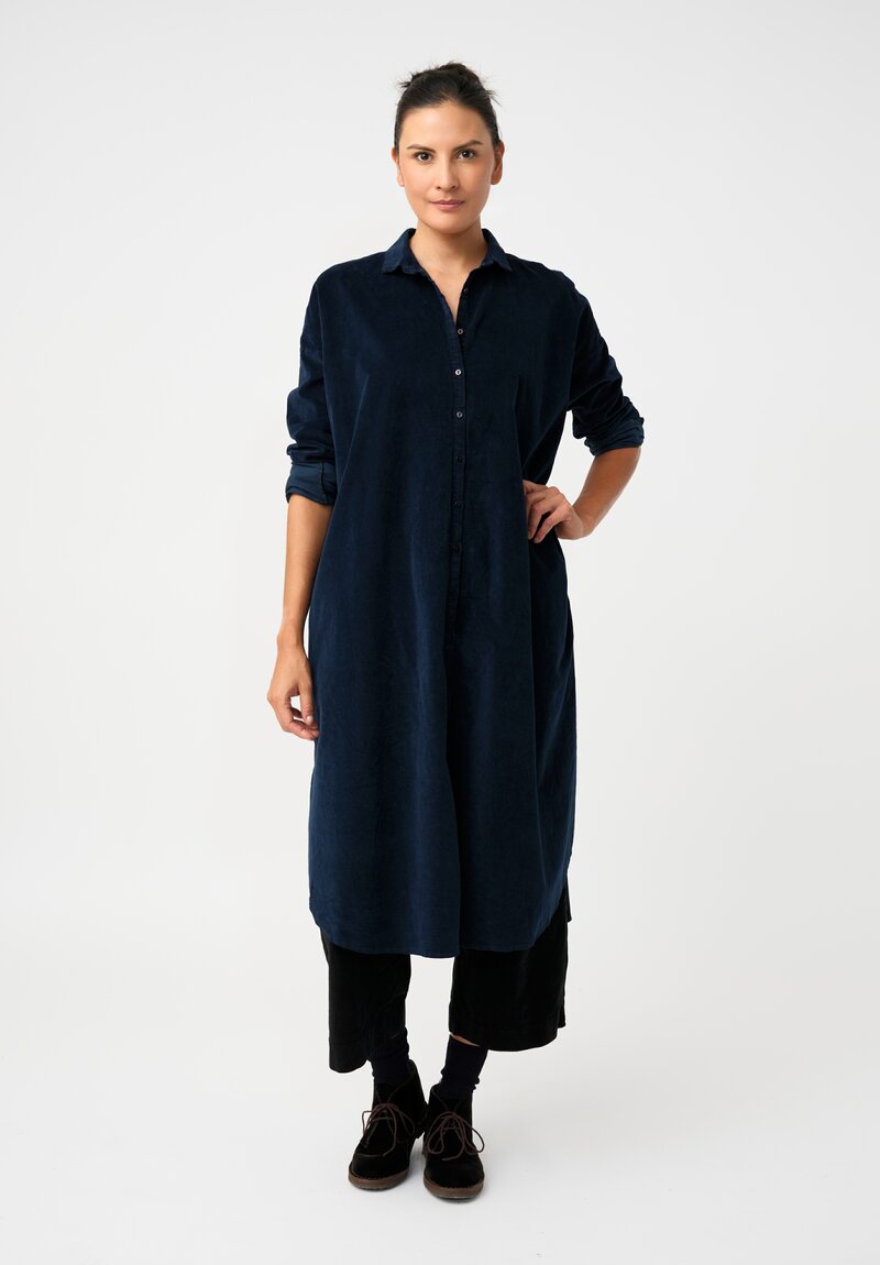 Album di Famiglia Cotton Velvet Long Shirt Dress in Ink Blue