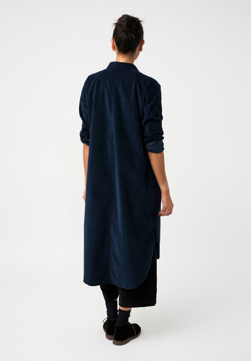 Album di Famiglia Cotton Velvet Long Shirt Dress in Ink Blue