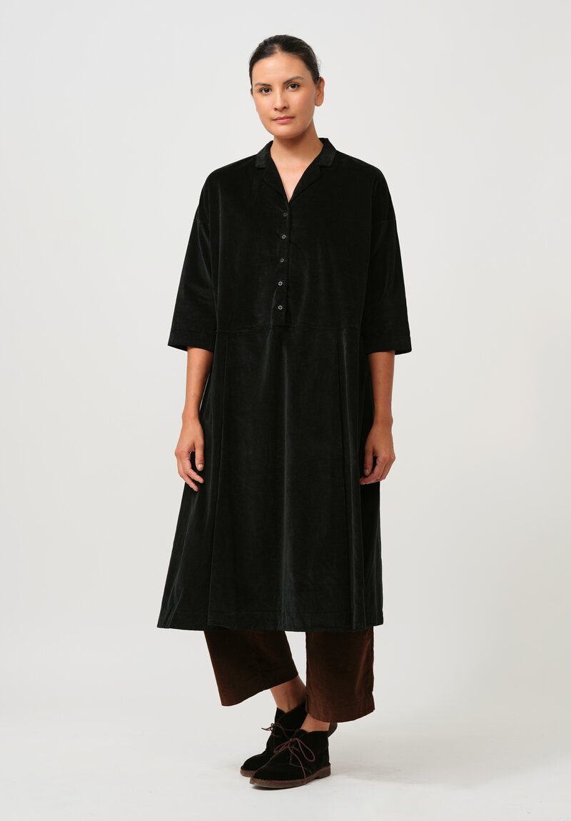 Album di Famiglia Cotton Velvet Collared V Dress in Black	