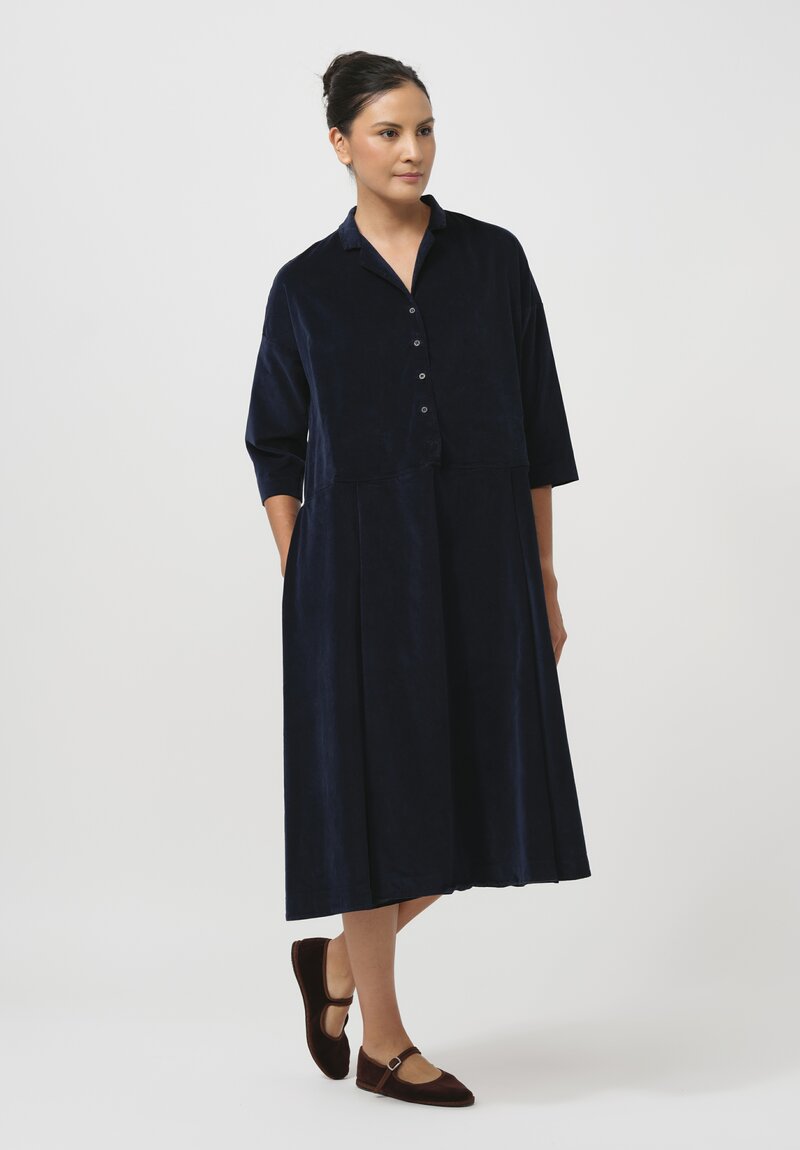 Album di Famiglia Cotton Velvet Collared V Dress in Ink Blue	