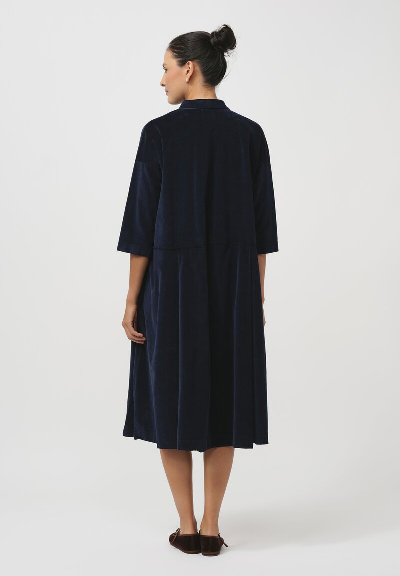 Album di Famiglia Cotton Velvet Collared V Dress in Ink Blue	