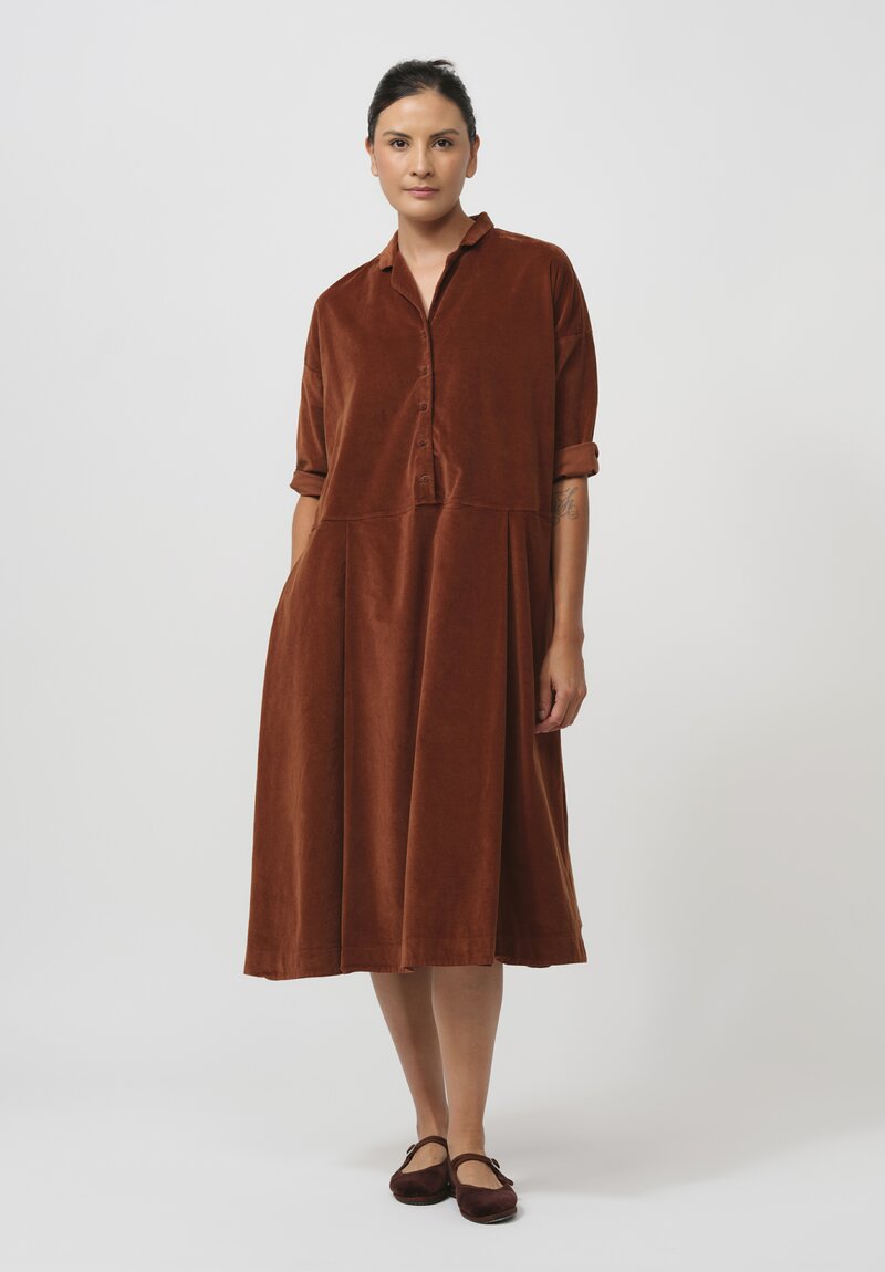 Album di Famiglia Cotton Velvet Collared V Dress in Rust Brown	