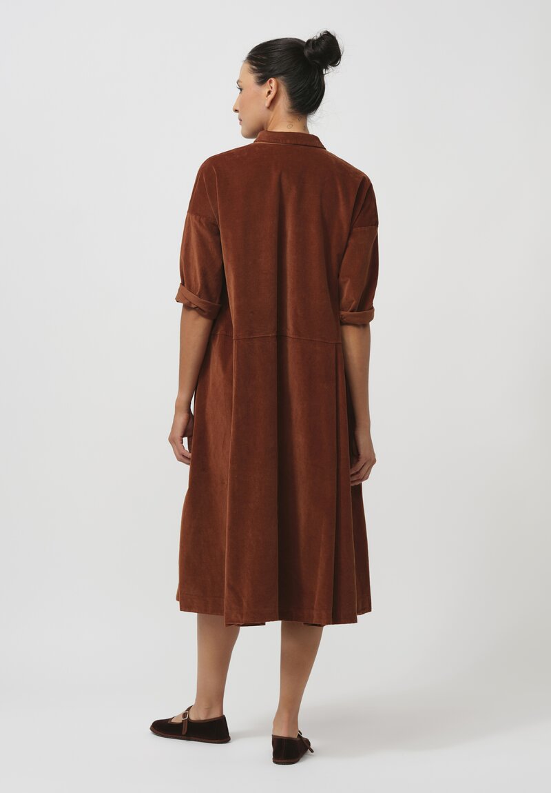 Album di Famiglia Cotton Velvet Collared V Dress in Rust Brown	