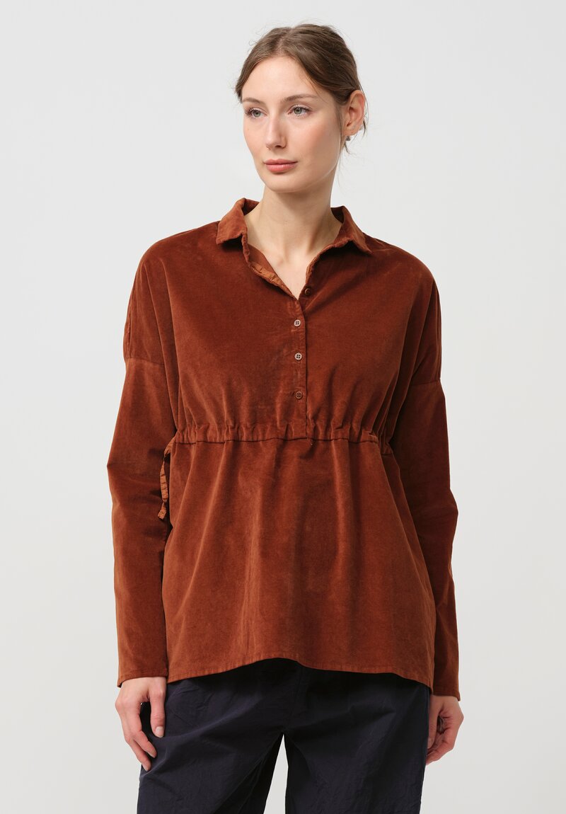 Album di Famiglia Cotton Velvet Collared Drawstring Top in Rust Brown	