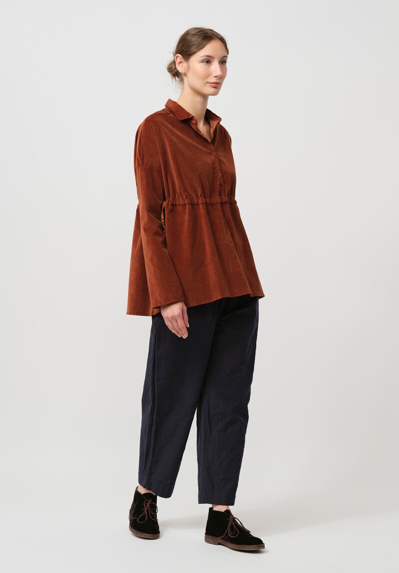 Album di Famiglia Cotton Velvet Collared Drawstring Top in Rust Brown	