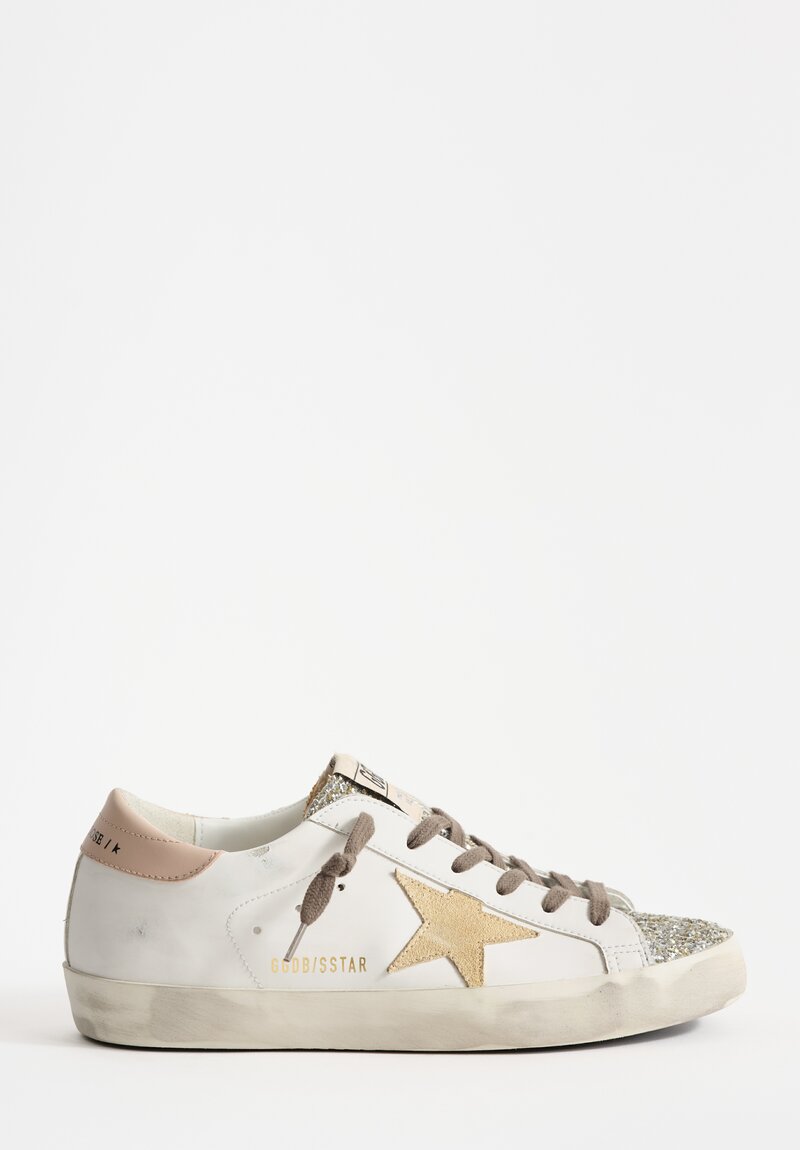 Golden Goose Bio Based Glitter & Suede Super Star Sneakers in White, Platinum Toe & Tan Star	