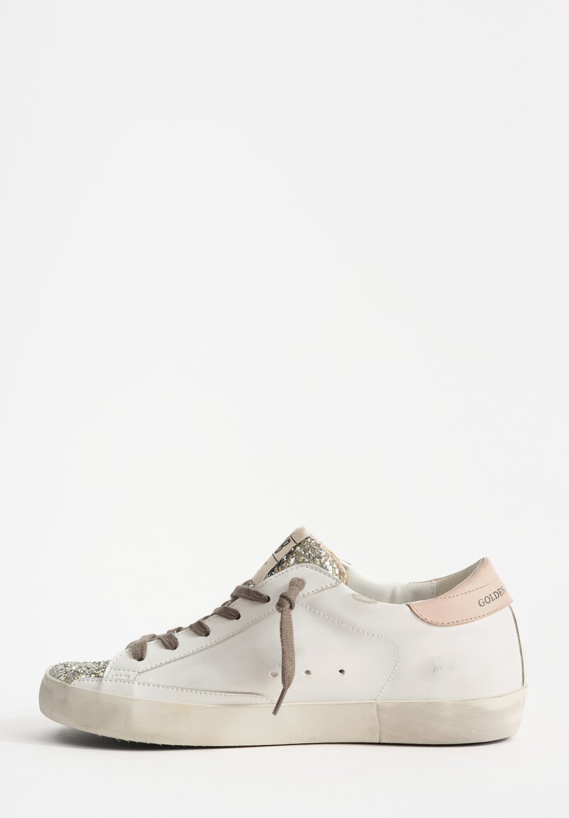 Golden Goose Bio Based Glitter & Suede Super Star Sneakers in White, Platinum Toe & Tan Star	