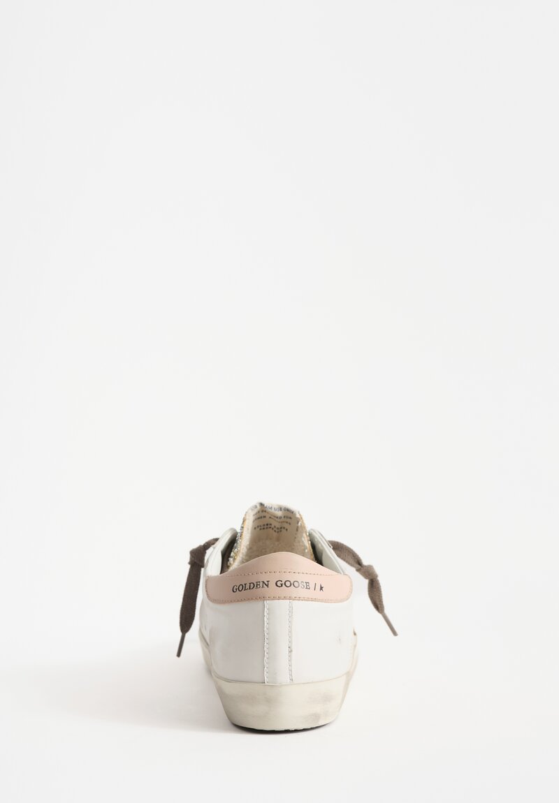 Golden Goose Bio Based Glitter & Suede Super Star Sneakers in White, Platinum Toe & Tan Star	