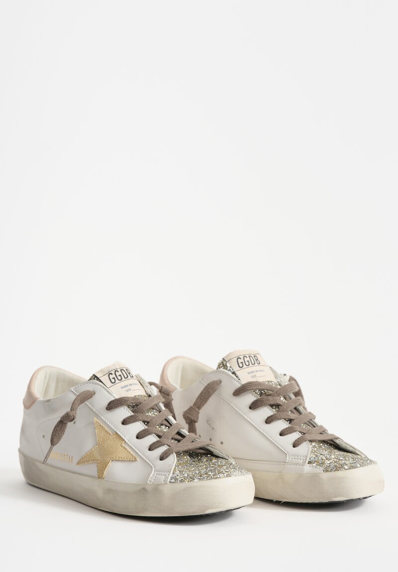 Golden Goose Bio Based Glitter & Suede Super Star Sneakers in White, Platinum Toe & Tan Star	