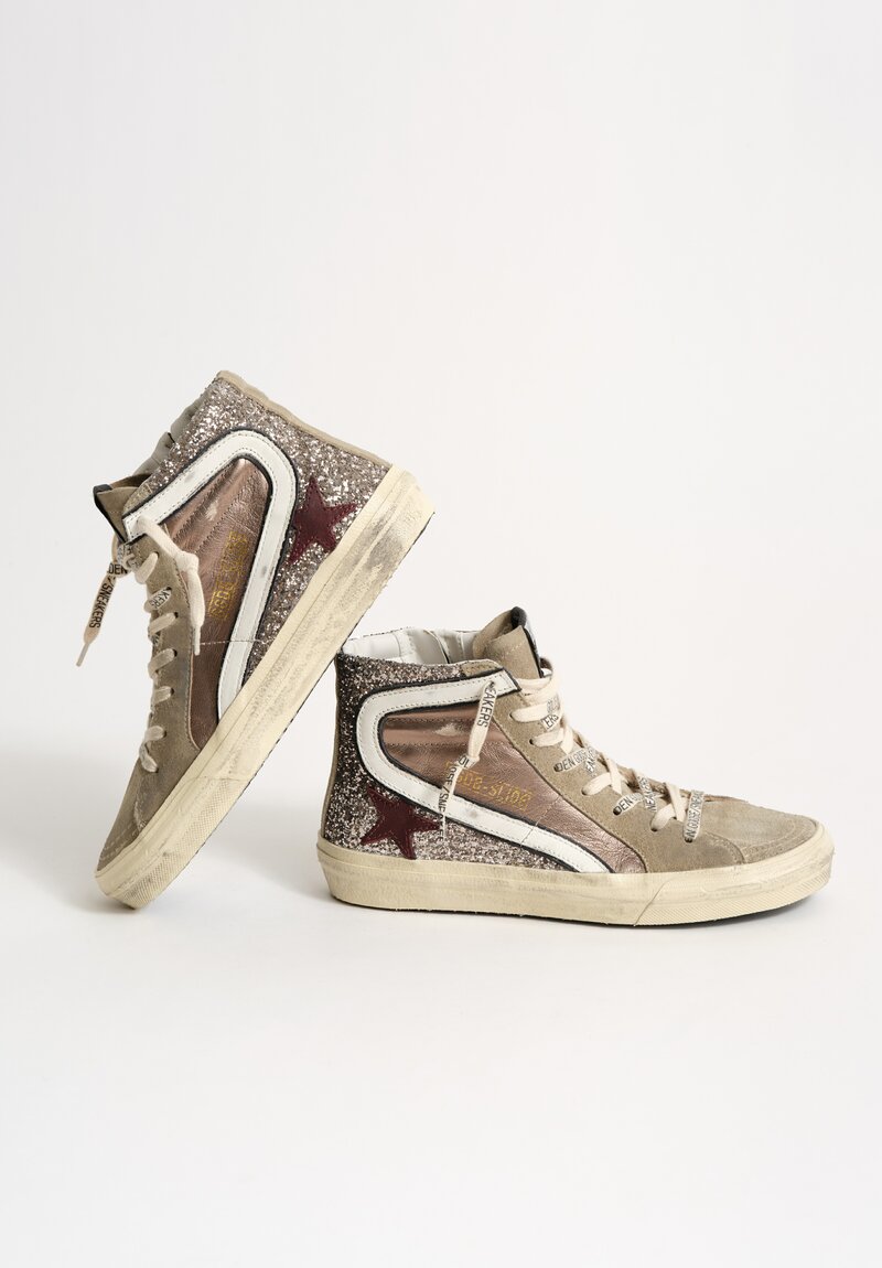 Golden Goose Glitter & Suede Slide Wave Sneaker in Silver, Taupe & Red Wine Star	