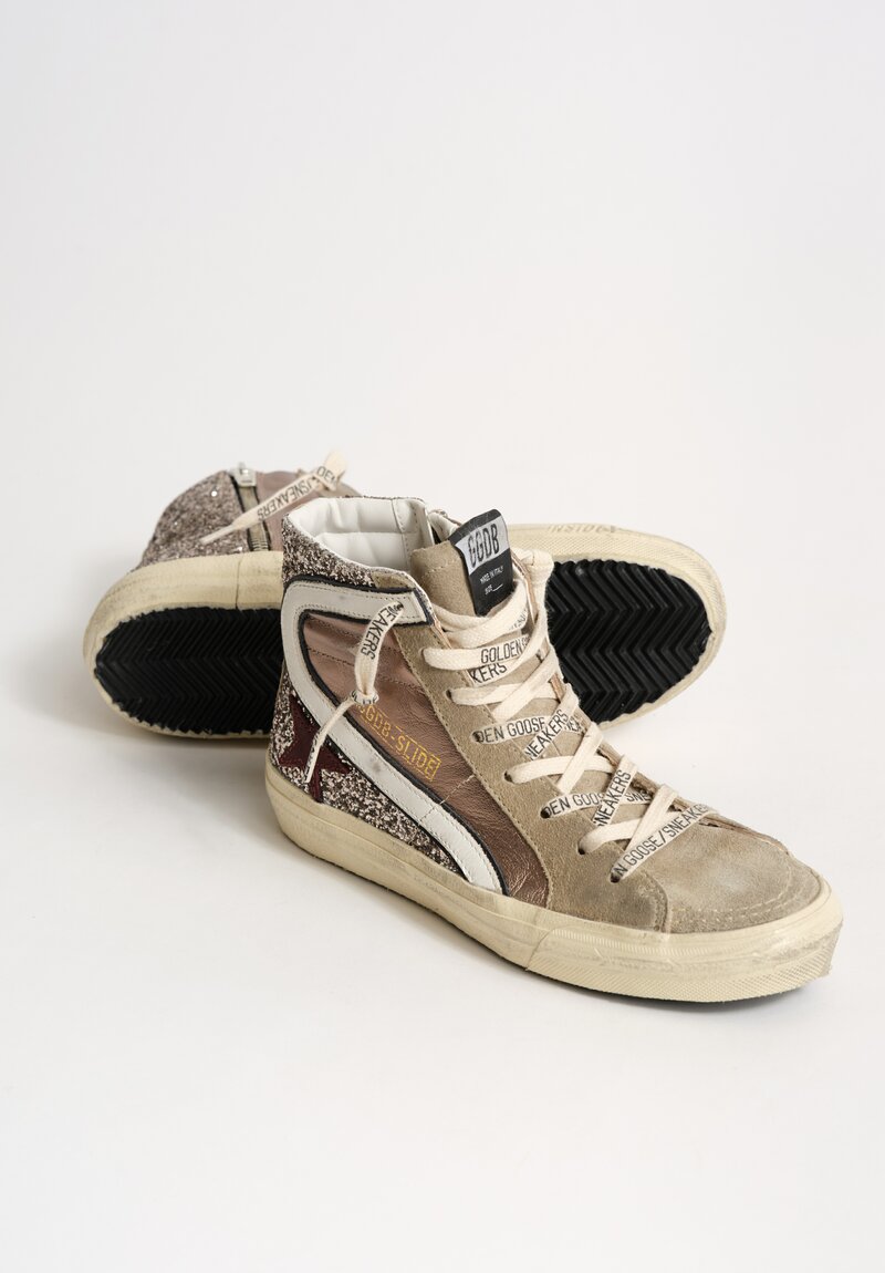 Golden Goose Glitter & Suede Slide Wave Sneaker in Silver, Taupe & Red Wine Star	