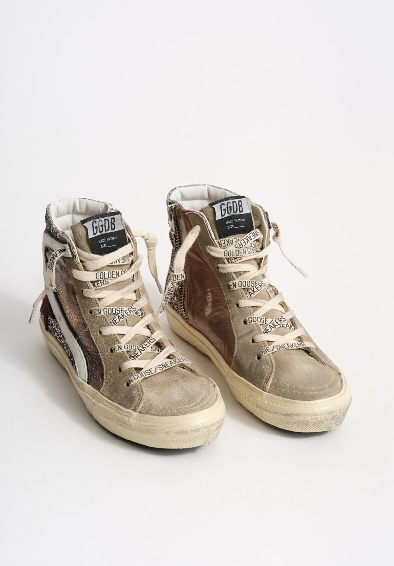 Golden Goose Glitter & Suede Slide Wave Sneaker in Silver, Taupe & Red Wine Star	
