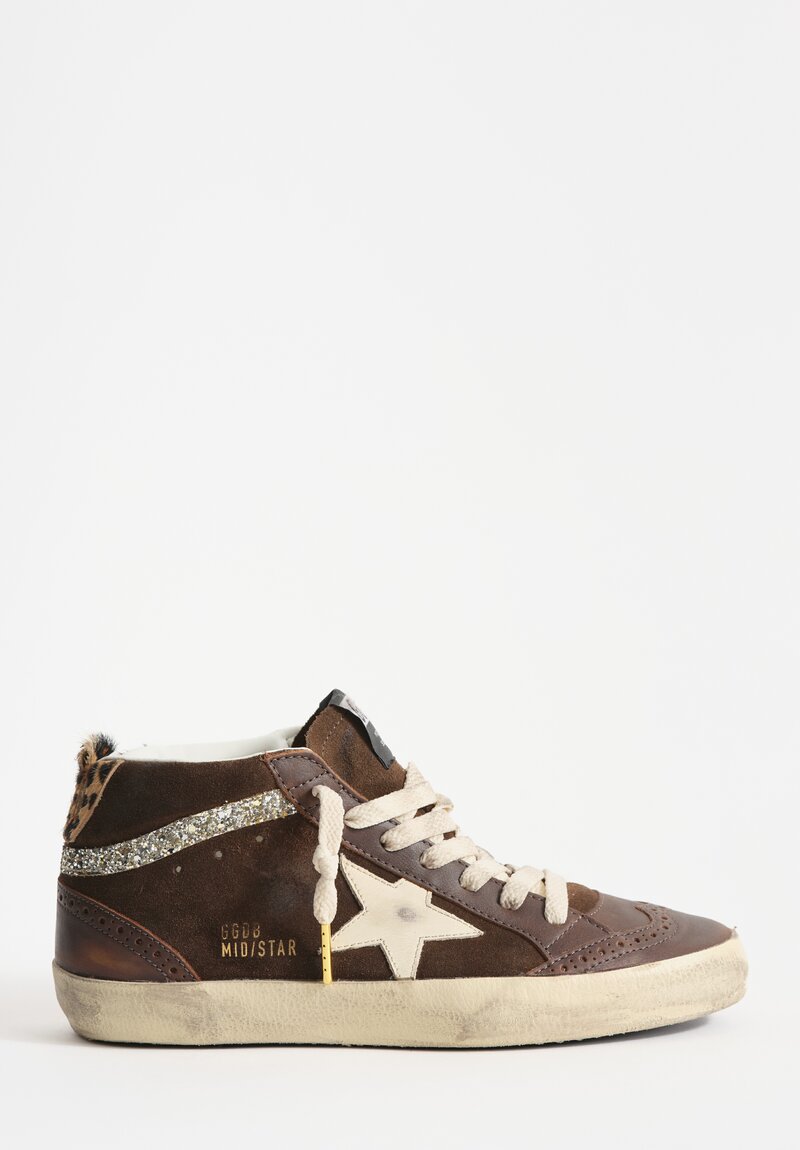 Golden Goose Suede Mid Star Classic Sneaker in Brown, Horsey Heel & Glitter Wave	