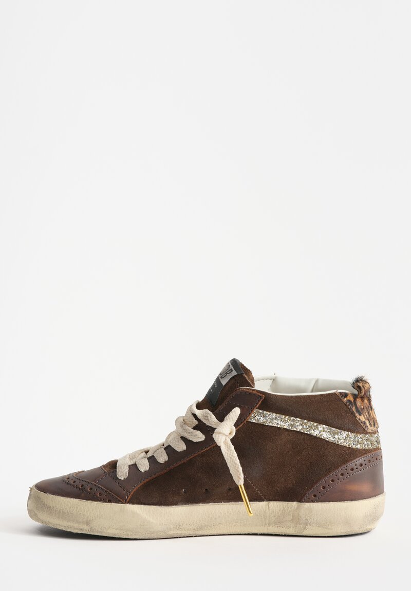 Golden Goose Suede Mid Star Classic Sneaker in Brown, Horsey Heel & Glitter Wave	