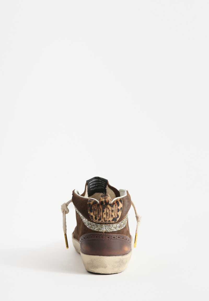 Golden Goose Suede Mid Star Classic Sneaker in Brown, Horsey Heel & Glitter Wave	