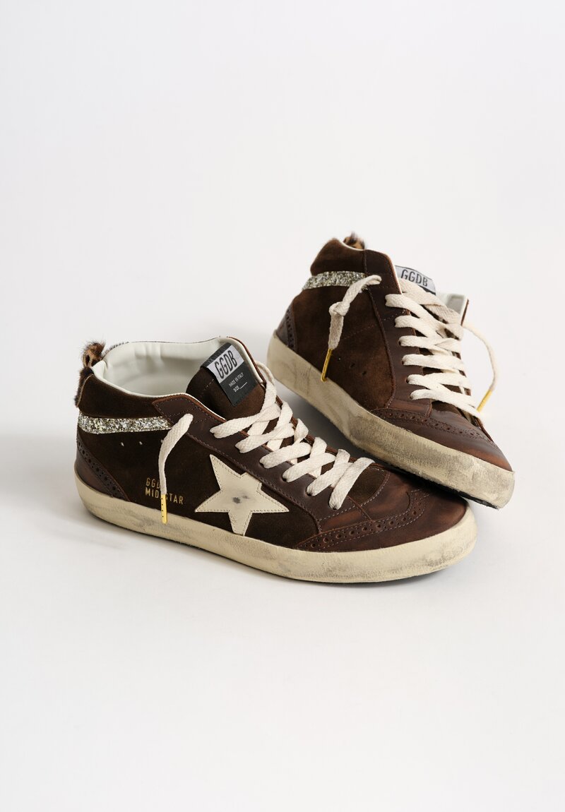Golden Goose Suede Mid Star Classic Sneaker in Brown, Horsey Heel & Glitter Wave	