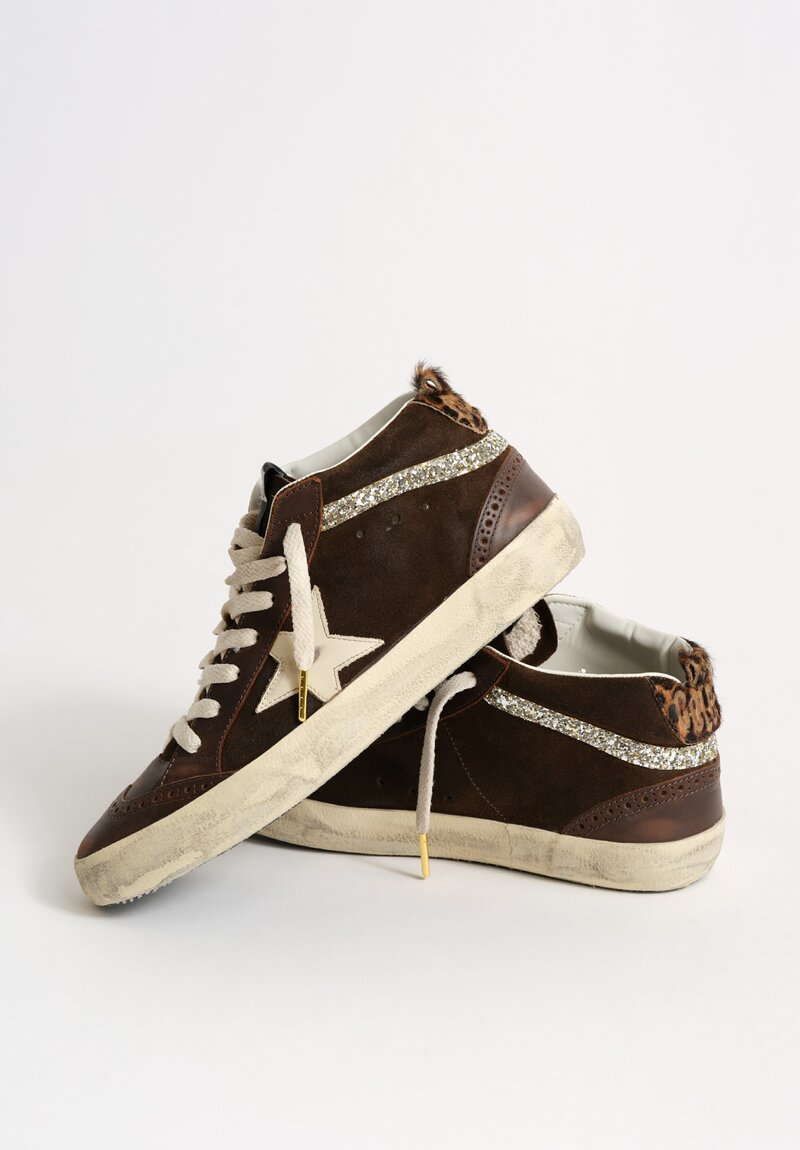 Golden Goose Suede Mid Star Classic Sneaker in Brown, Horsey Heel & Glitter Wave	