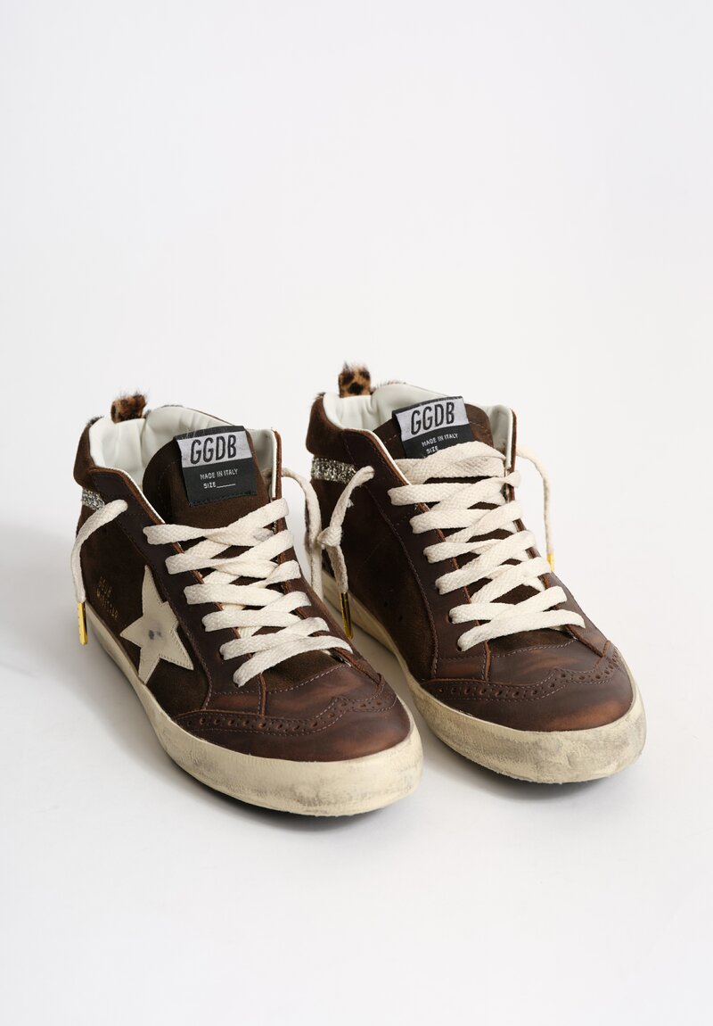 Golden Goose Suede Mid Star Classic Sneaker in Brown, Horsey Heel & Glitter Wave	