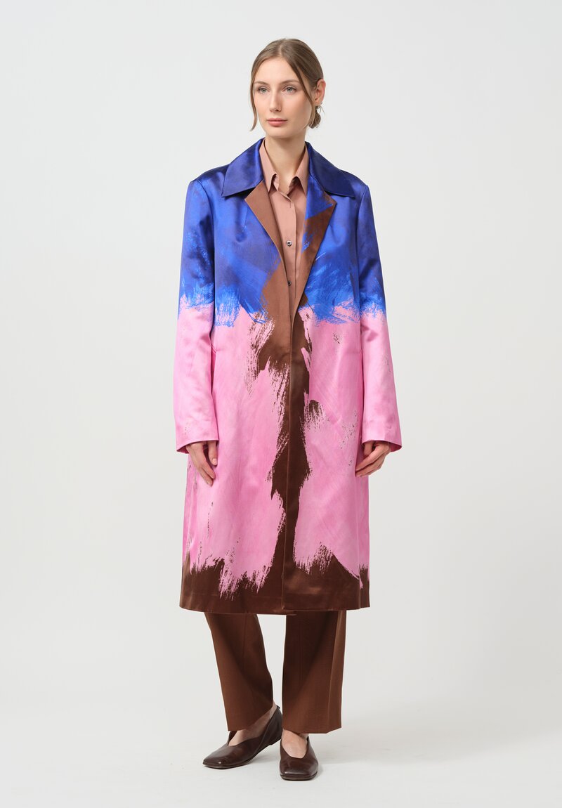 Dries Van Noten Cotton & Silk Brush Strokes Roltas Coat in Blue & Pink	