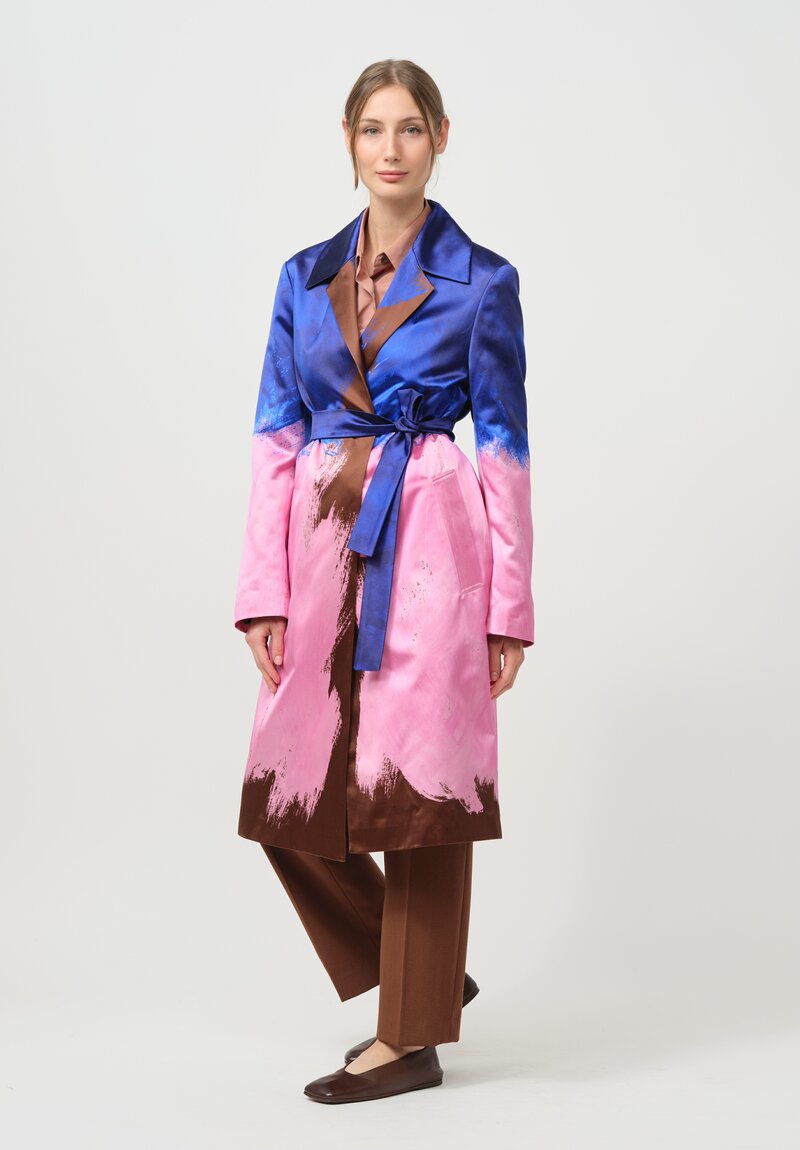 Dries Van Noten Cotton & Silk Brush Strokes Roltas Coat in Blue & Pink	