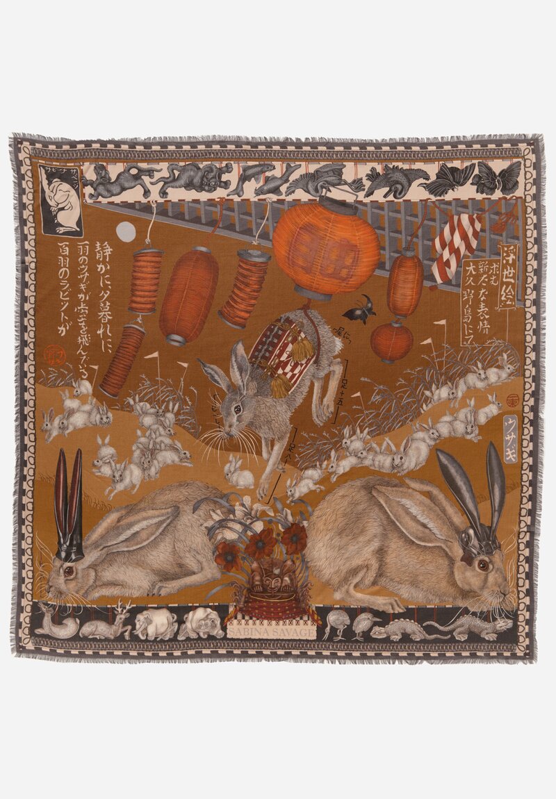 Sabina Savage Wool & Silk The Floating Rabbits Square Scarf in Cinnamon Sienna	