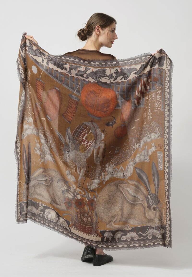 Sabina Savage Wool & Silk The Floating Rabbits Square Scarf in Cinnamon Sienna	