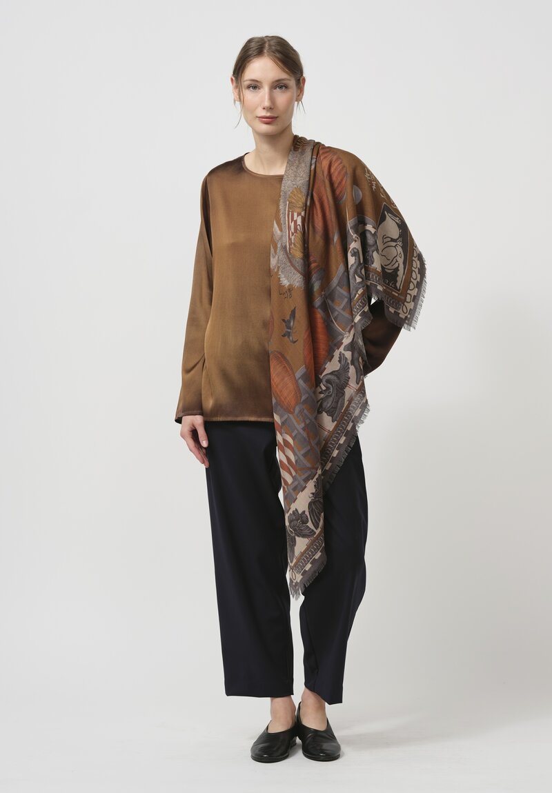 Sabina Savage Wool & Silk The Floating Rabbits Square Scarf in Cinnamon Sienna	