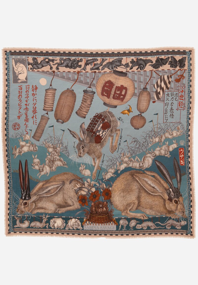 Sabina Savage Wool & Silk The Floating Rabbits Square Scarf in Cameo Rice	