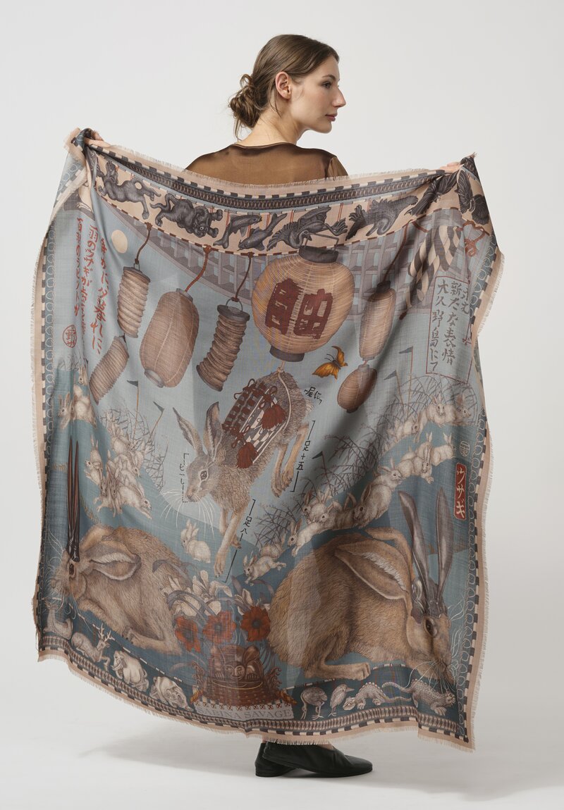 Sabina Savage Wool & Silk The Floating Rabbits Square Scarf in Cameo Rice	