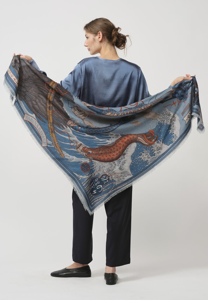 Sabina Savage Wool & Silk Koinobori Karasu Square Scarf in River Rain	