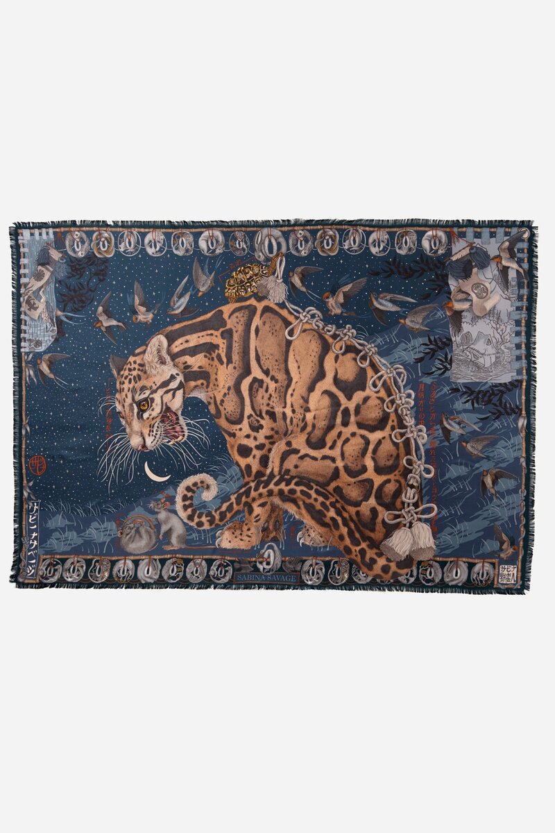 Sabina Savage Silk Twill The Lunar Leopard Scarf in Winter Flint	